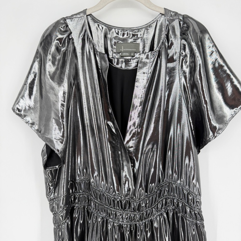 Anthropologie Somerset Maxi Dress Shine Metallic Silver Tiered Pockets 1X - Picture 9 of 16